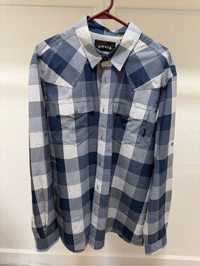 Orvis Men's Navy and White Plaid Button-Down Shirt